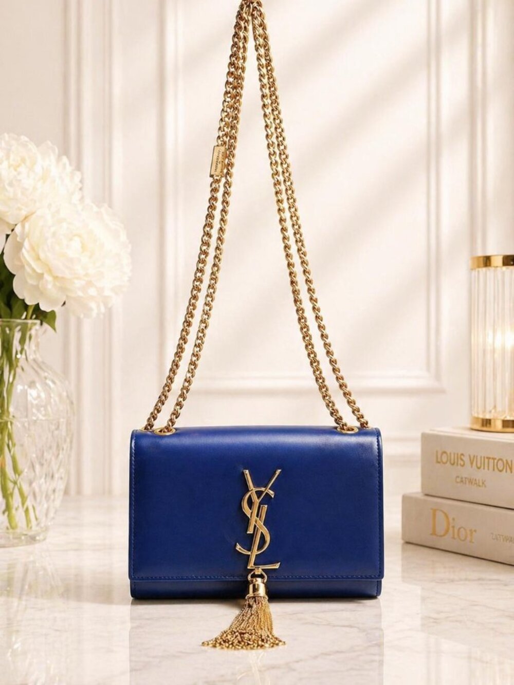 Authentic Saint Laurent Kate Tassel Bag Blue Leather YSL Chain Crossbody Clutch